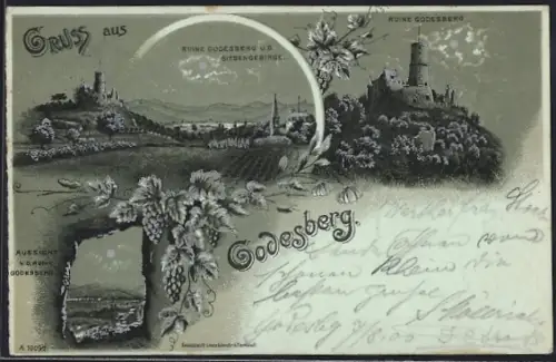 Lithographie Godesberg, Ruine und Siebengebirge, Aussicht v. d. Ruine