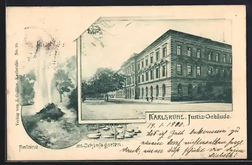 AK Karlsruhe, Justizgebäude, Fontaine im Schlossgarten