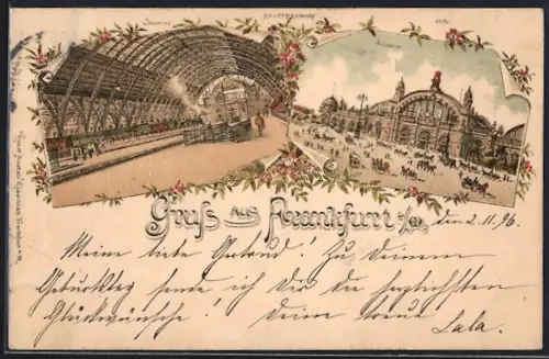 Lithographie Frankfurt / Main, Hauptbahnhof, Inneres & Äusseres