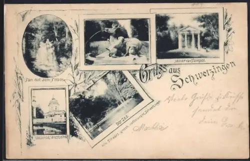 AK Schwetzingen, Moschee, Minerva-Tempel, Pan auf dem Felsen