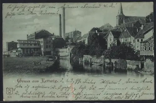 AK Essen-Kettwig, Häuserfront am Wasser, Blick zur Fabrikanlage