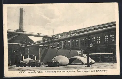 AK Essen, Krupps Fabrik, Ausstellung von Panzerplatten, Panzerkuppel und Schiffswelle