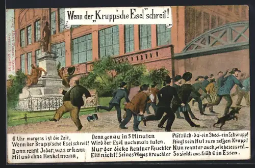 AK Essen, Kruppwerke, Wenn der Krupp`sche Esel schreit!, Arbeiter stürmen in die Fabrik