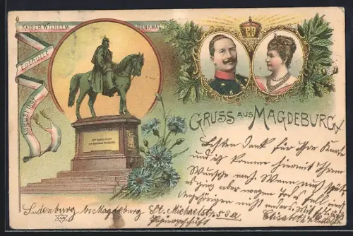 Lithographie Magdeburg, Kaiser Wilhelm-Denkmal, Porträts Kaiser und Kaiserin