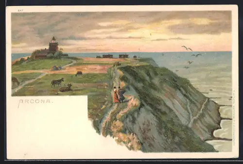 Lithographie Arcona, Besucher auf dem Weg über der Steilküste