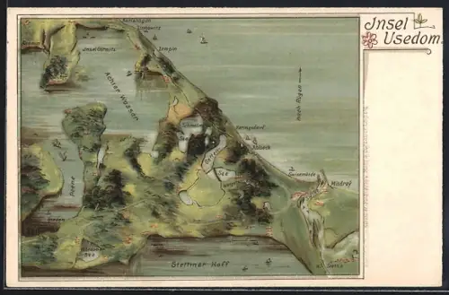 Lithographie Heringsdorf / Usedom, Landkarte der Insel Usedom