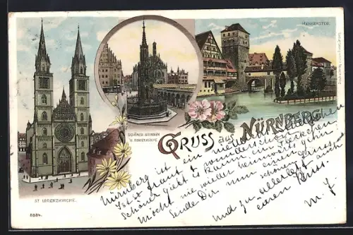 Lithographie Nürnberg, Partie am Henkersteg, St. Lorenzkirche, Schöner Brunnen und Frauenkirche