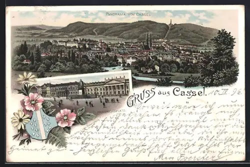 Lithographie Cassel, Am Friedrichsplatz, Totalansicht, Wappen