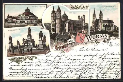 Lithographie Worms, Festspielhaus, Dom, Lutherdenkmal