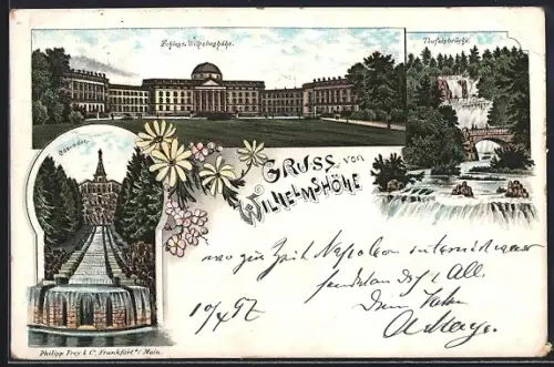 Lithographie Kassel, Schloss Wilhelmshöhe, Teufelsbrücke, Cascaden