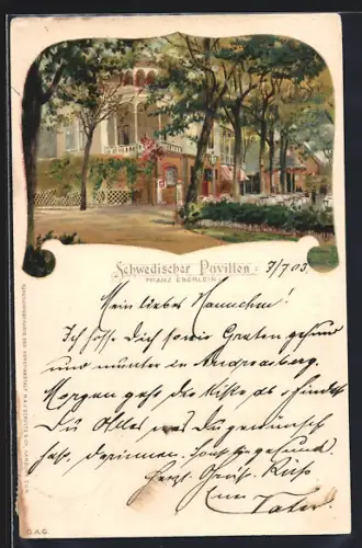 Lithographie Berlin-Wannsee, Gasthaus Schwedischer Pavillon von Franz Eberlein