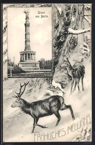 Lithographie Berlin-Tiergarten, Siegessäule, Hirsch im Winterwald, Neujahr