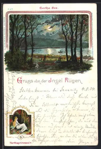 Mondschein-Lithographie Insel Rügen, Herthasee im Vollmondlicht, Herthaprinzessin
