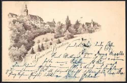 Lithographie Birstein, Blick zum Ort