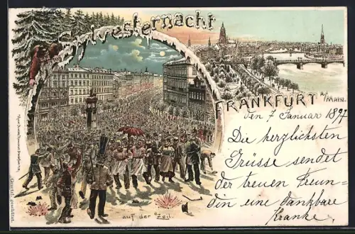 Winter-Lithographie Frankfurt am Main, Silvesternacht auf der Zeil