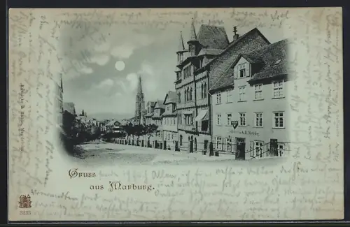 Mondschein-AK Marburg, Schlossererei G. A. Metzler mit Blick zur Kirche