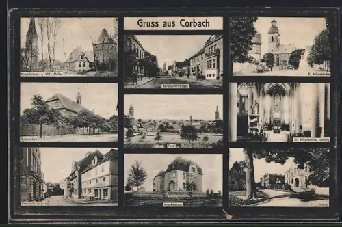 AK Corbach, Berndorferstrasse, St. Kiliankirche, Krankenhaus, Schule