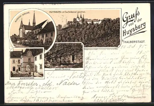 Vorläufer-Lithographie Halberstadt, 1895, Gasthaus Huysburg v. d. Teufelskanzel gesehen, Klosterkirche, Klostertor