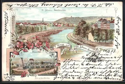 Lithographie St. Johann-Saarbrücken, Flusspartie im Ort, Ehrental