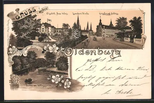 Lithographie Oldenburg / Gr., Elisabeth Anna Palais, Lambertikirche, Grossherzogl. Schloss, Partie am Schlossgarten