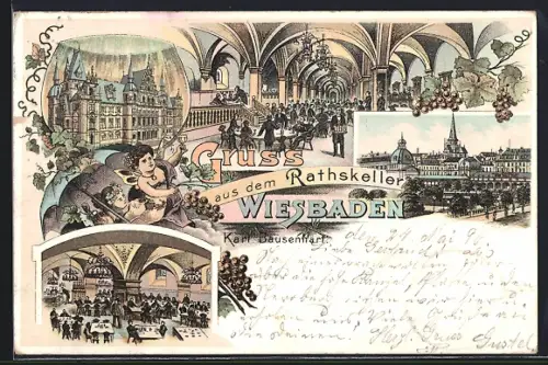 Lithographie Wiesbaden, Gasthaus Rathskeller, Inh. Karl Bausenhart