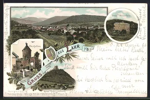 Lithographie Lahr i. B., Storchenturm, Reichswaisenhaus, Ortsansicht