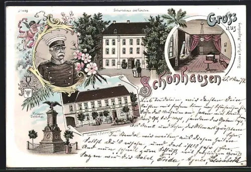 Lithographie Schönhausen / Elbe, Gasthof zum Fürsten Bismarck, Geburtshaus, Krieger-Denkmal