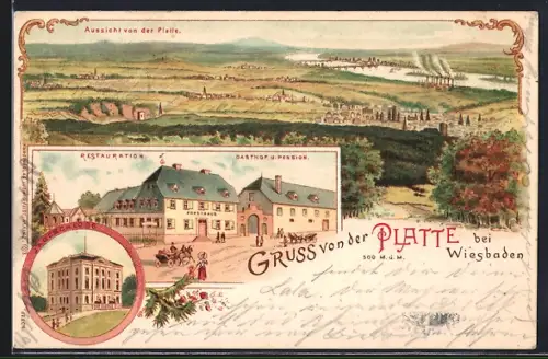 Lithographie Wiesbaden, Restaurant, Gasthof und Pension Platte, Blick über den Ort