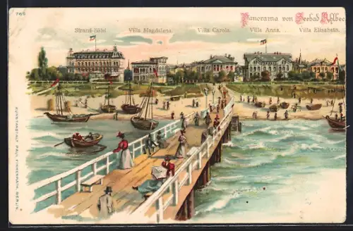 Lithographie Ahlbeck / Ostseebad, Strand-Hotel, Villa Magdalena, Villa Carola, Villa Anna, Villa Elisabeth