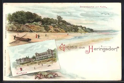 Lithographie Heringsdorf / Ostseebad, Strandpartie mit Kulm, Kurhaus