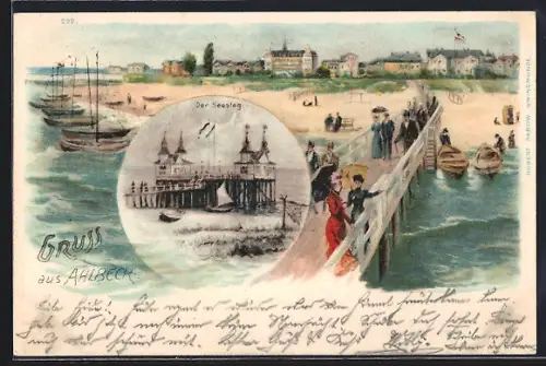 Lithographie Ahlbeck / Ostseebad, Seesteg, Strandpartie