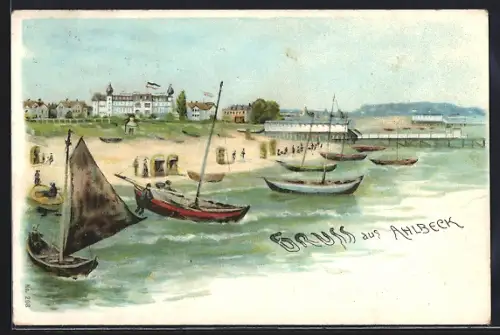 Lithographie Ahlbeck / Ostseebad, Boote am Ufer