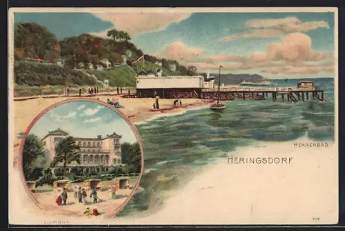 Lithographie Heringsdorf / Ostseebad, Herrenbad mit Steg, Kurhaus