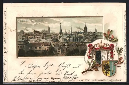 Passepartout-Lithographie Essen / Ruhr, Stadtansicht, Wappen