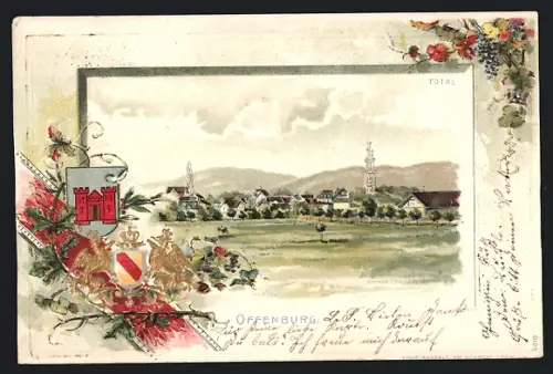 Lithographie Offenburg, Ortspanorama, Wappen