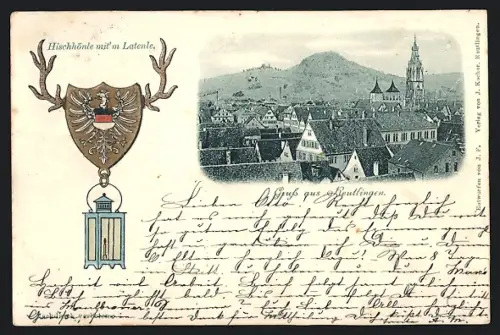 AK Reutlingen, Ortsansicht mit Kirche, Hirschhönle mit`m Latenle