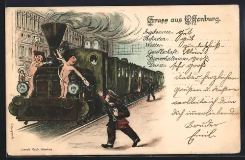 Lithographie Offenburg, Postbote empfängt einen Brief von der Dampflokomotive