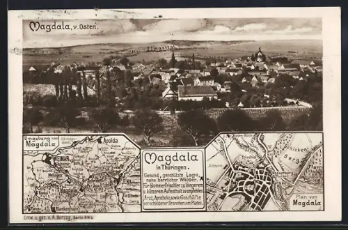 AK Magdala in Thüringen, Ortsansicht von Osten, Umgebungskarte, Stadtplan