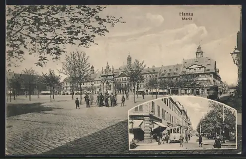 AK Hanau, Markt mit Strassenbahn