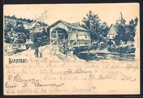 Lithographie Buchfart, Überdachte Holzbrücke