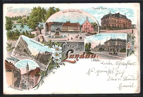 Lithographie Landau i. Pfalz, Max Josephs-Platz, Institut Becht, Ostbahnstrasse, Marktstrasse