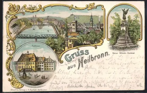 Lithographie Heilbronn, Rathaus, Kaiser Wilhelm-Denkmal, Neckaransicht