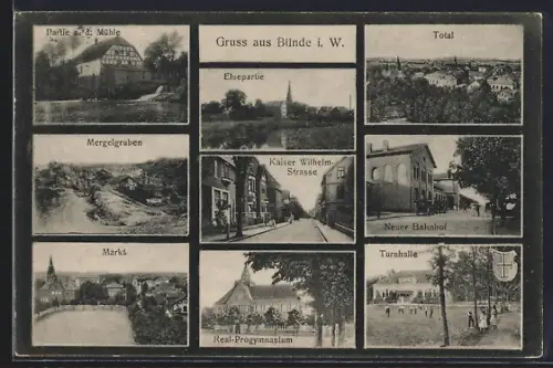 AK Bünde i. W., Kaiser Wilhelm Strasse, Neuer Bahnhof, Real-Progymnasium