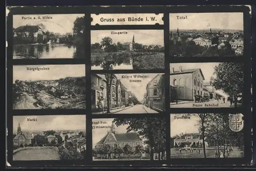 AK Bünde i. W., Kaiser-Wilhelm-Strasse, Neuer Bahnhof, Markt, Real-Progymnasium, Turnhalle