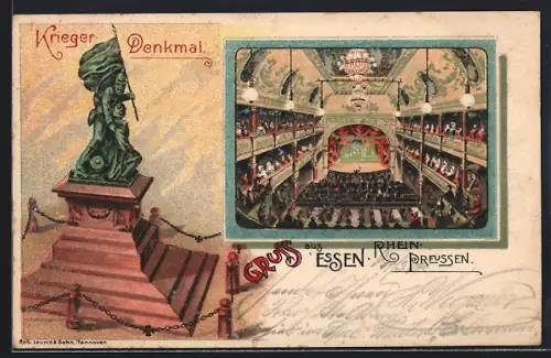 Lithographie Essen / Ruhr, Theater, Innenansicht, Krieger-Denkmal, Passepartout