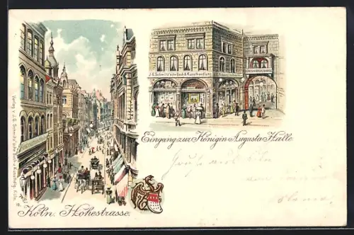 Lithographie Köln, Eingang zur Königin Augusta Halle, Hohestrasse