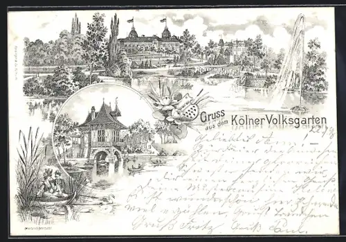 AK Köln-Neustadt, Gruss aus Volksgarten, Paar im Boot Amor, 3 Ansichten