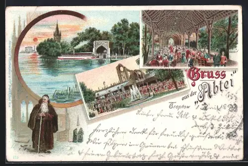 Lithographie Berlin-Treptow, Restaurant Abtei, Aussen- und Innenansicht, Mönch