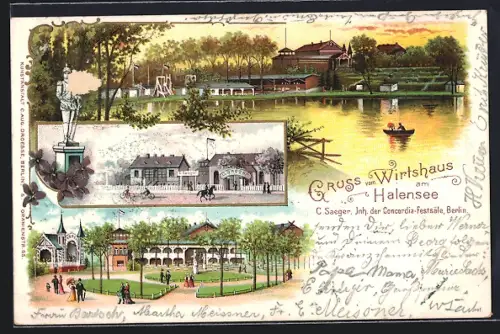 Lithographie Berlin-Halensee, Gasthaus am Halensee von C. Saeger