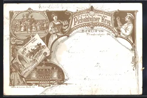 Lithographie Berlin, Gasthof Pichelsteiner Krug, Friedrichstrasse 94, Buffet